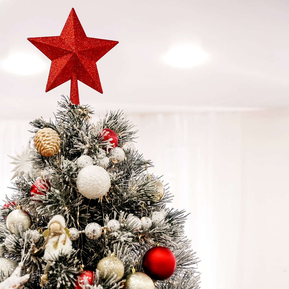 A Christmas tree with a red star