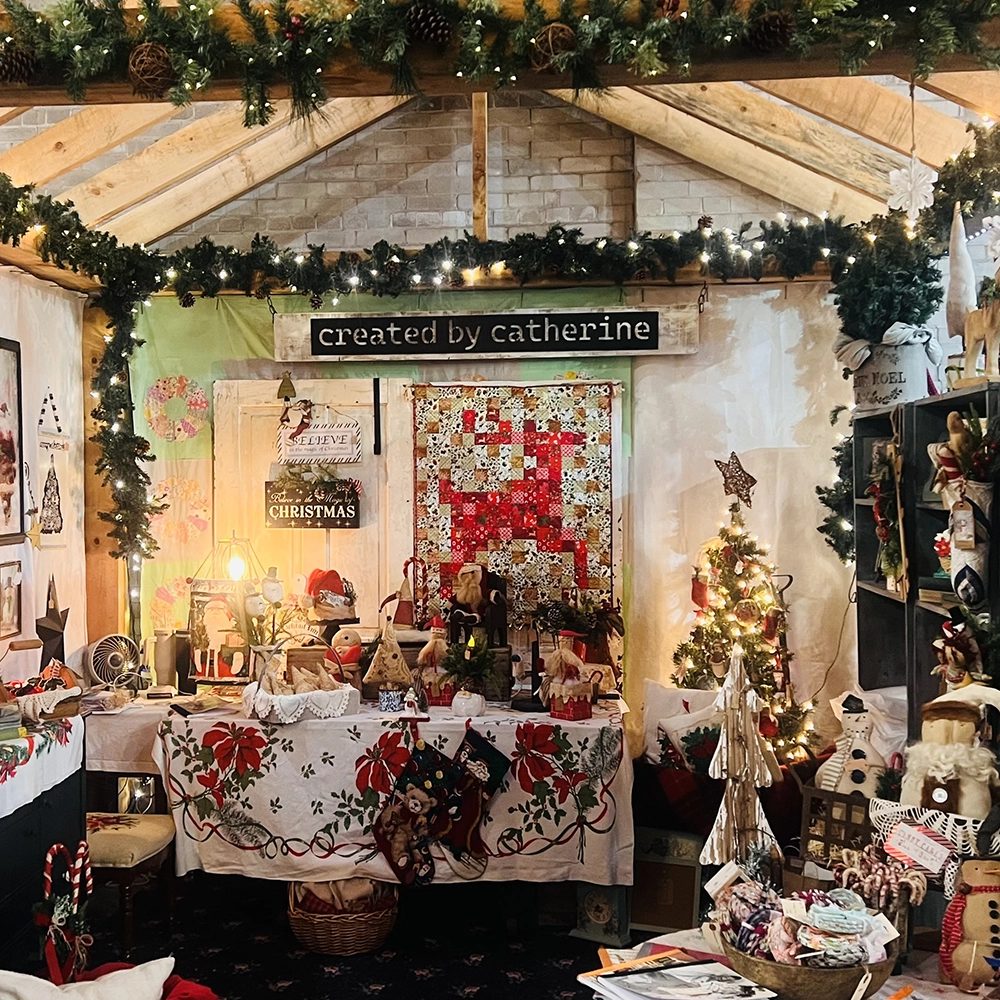The booth decorated for Christmas