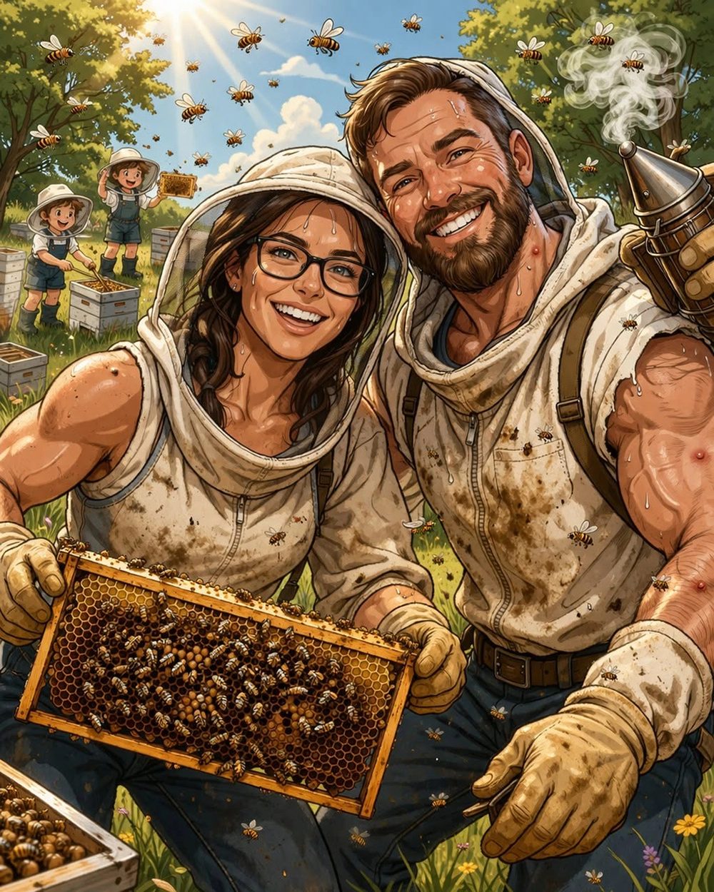 An illustration of Adam and Melissa with their bees