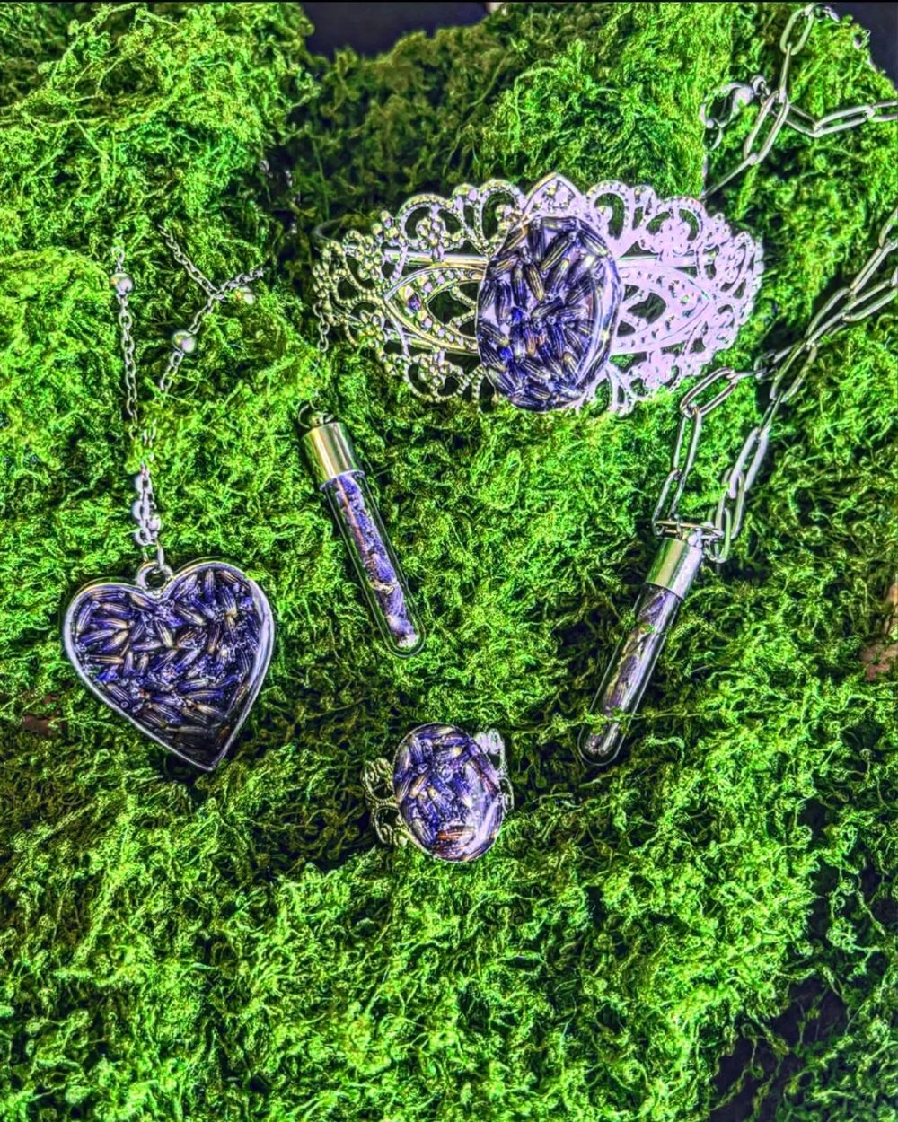 Heart-shaped crystal pendants on moss