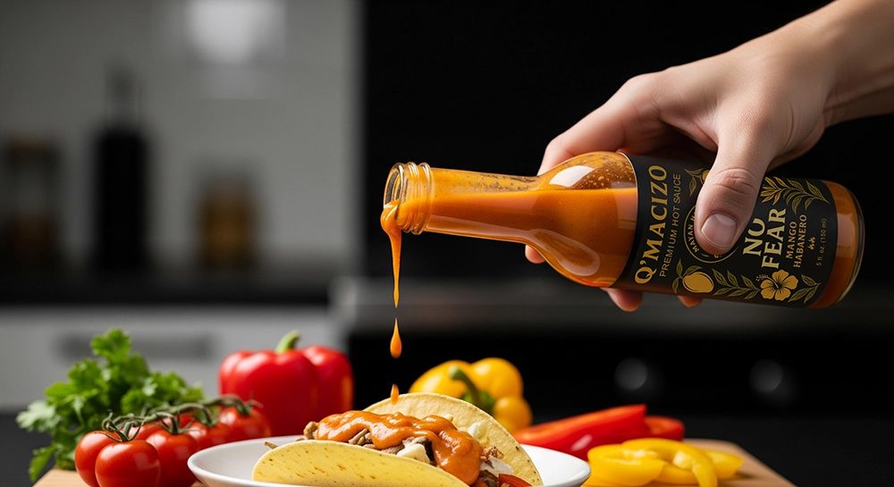 Q’Macizo No Fear sauce poured over tacos