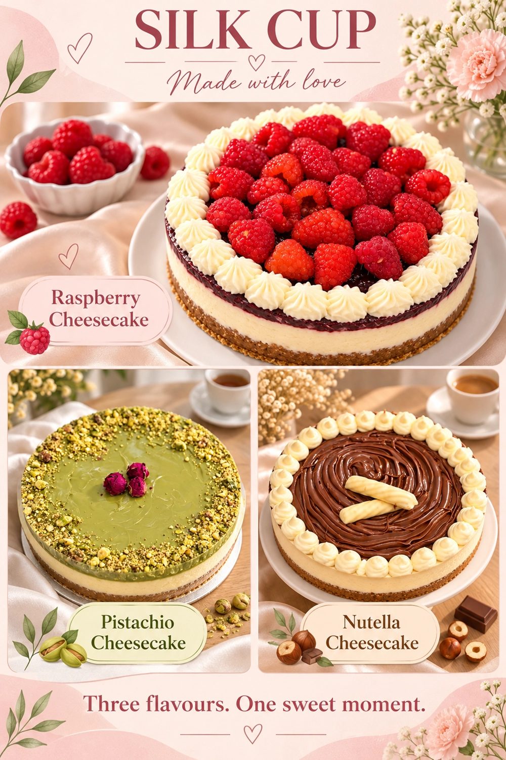 Silk Cup cheesecakes: raspberry, pistachio and Nutella