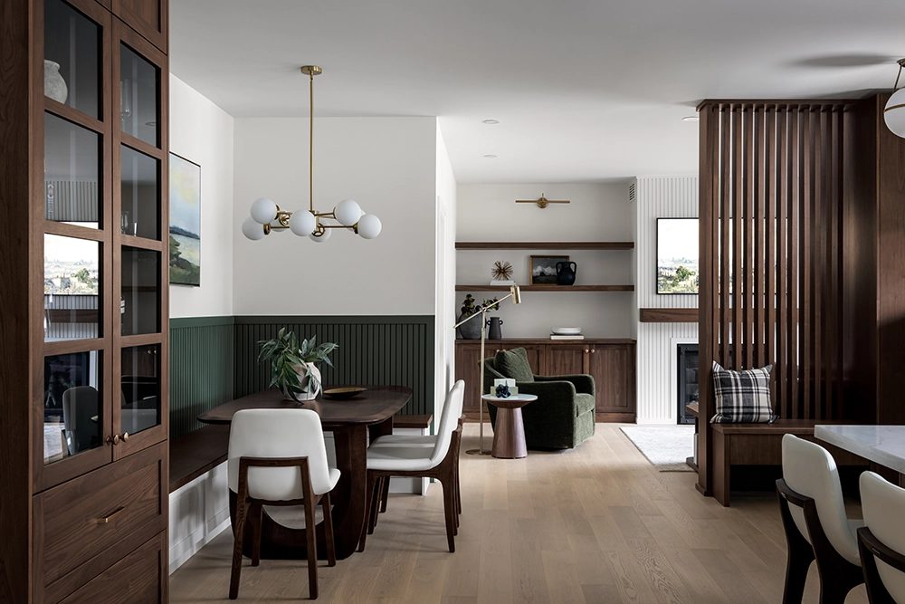Built-in walnut cabinetry in a dining area